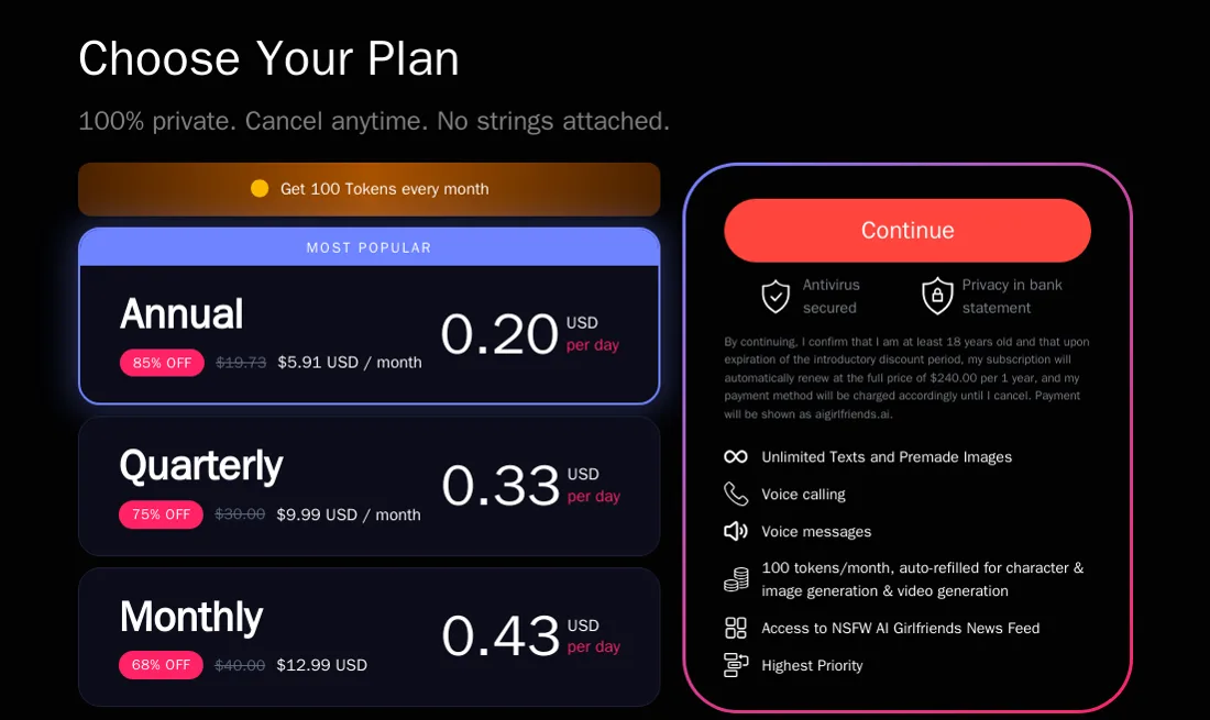 AIGirlfriends.ai subscription page with yearly, quarterly and monthly plans