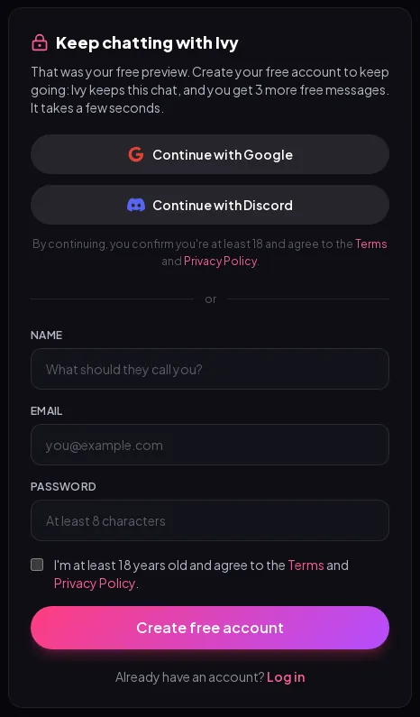 The Naughty Chats sign-up card that appears after the third free message