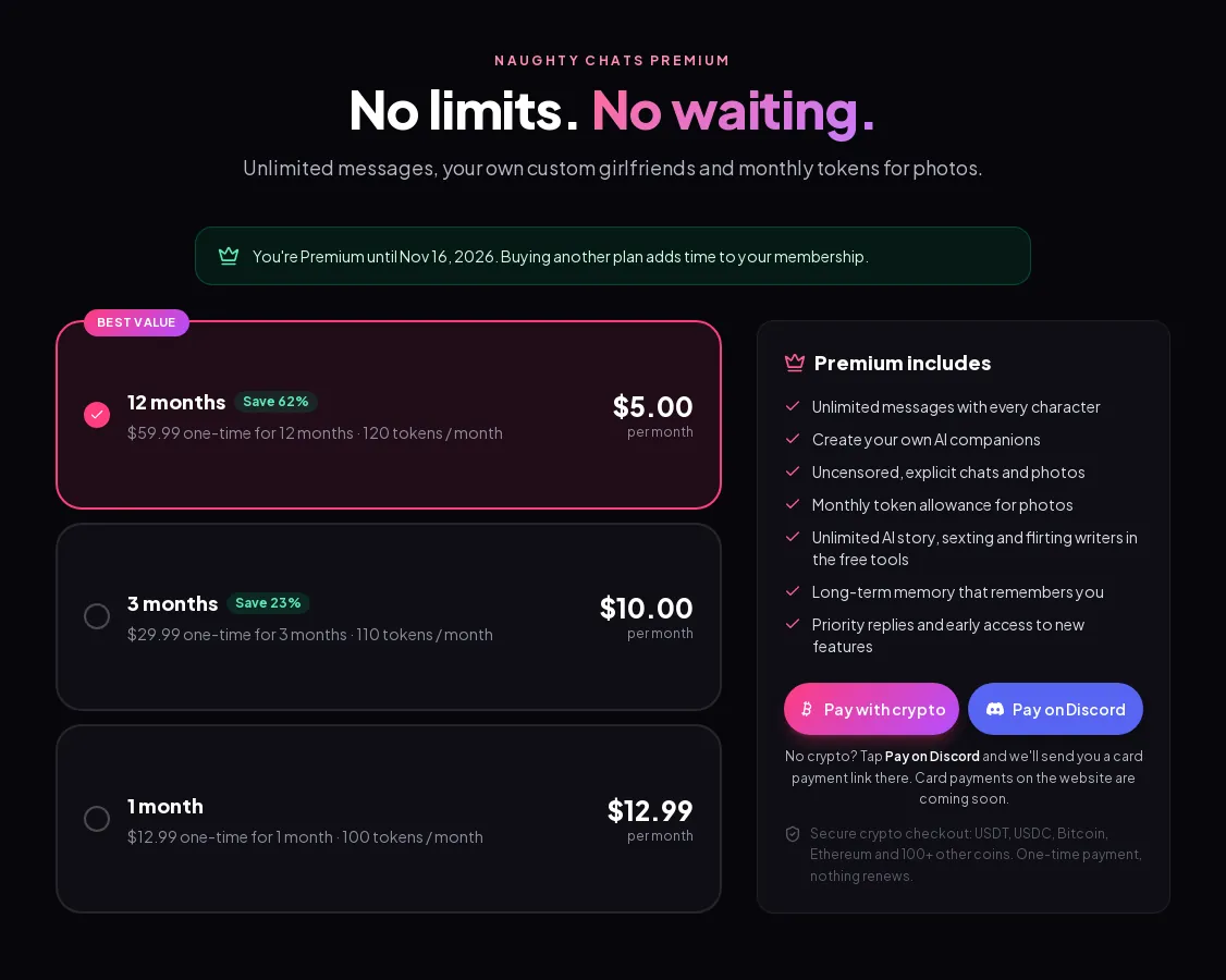 Naughty Chats Premium plans and payment options